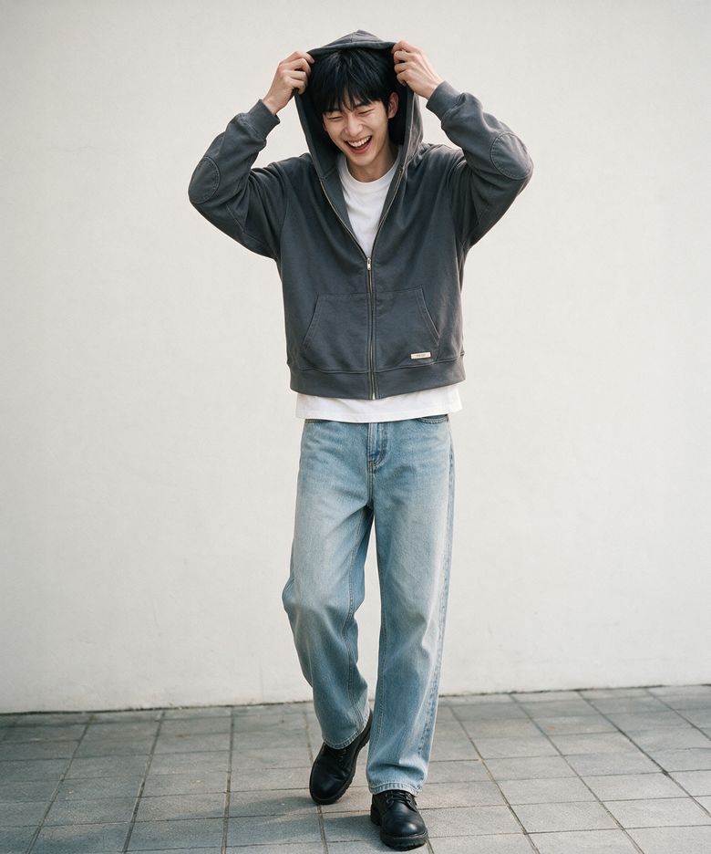 Semi-Cropped Hooded Zip-Up - Charcoal