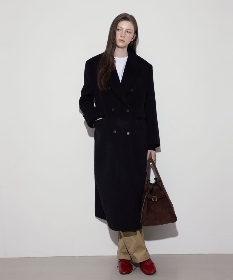 Classic Wool Double Breasted Long Coat-BLACK
