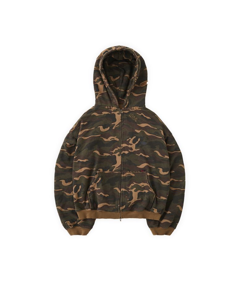 Tuewid cropped length waffle hoodie zip-up in camoflage