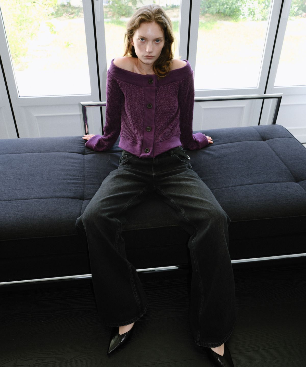앤테(AENTE) Off-Shoulder Knit Cardigan _Purple