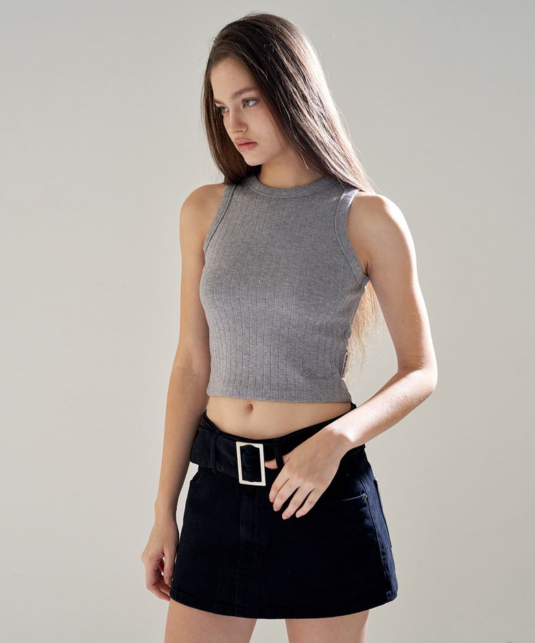 CATION DENIM STONE LOGO BELT SKIRT PANTS BLACK