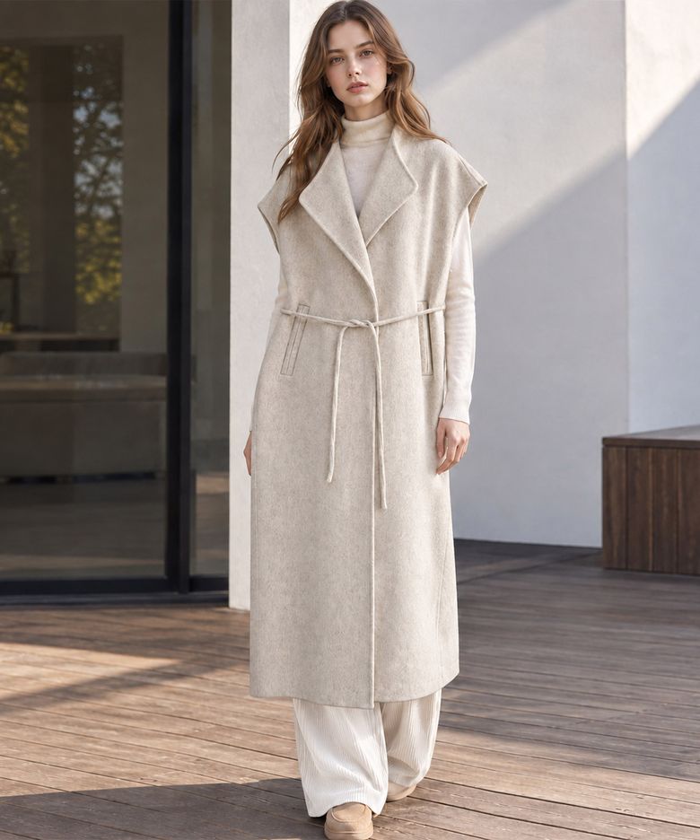 Handmade Tailored Collar Belted Wool Long Vest (3colors)