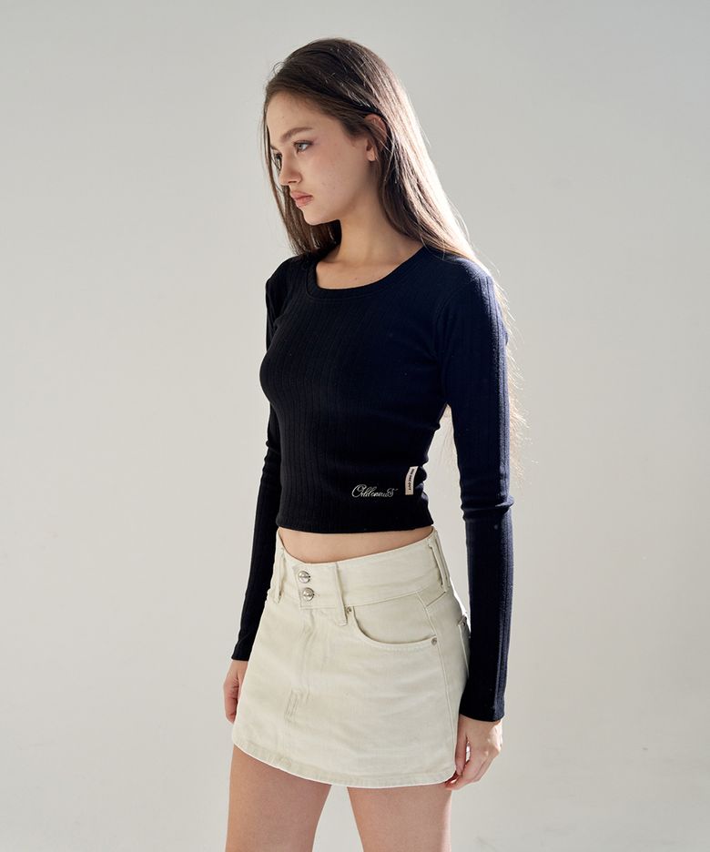 CATION DENIM STONE LOGO BELT SKIRT PANTS IVORY