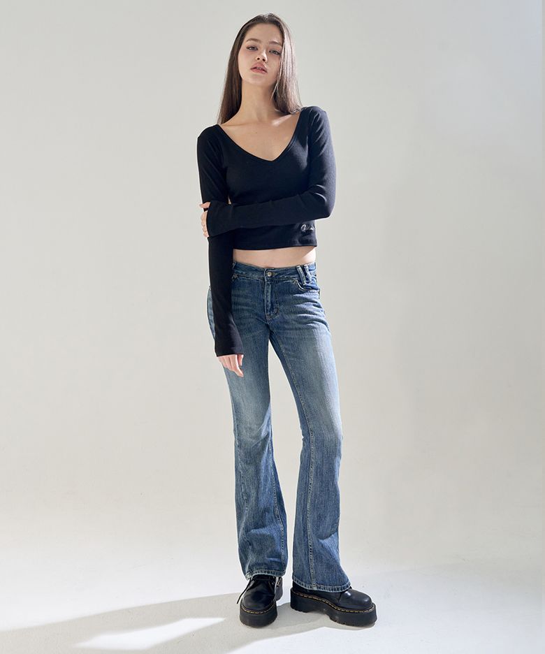 X-RAY SLUB STONE LOGO LOW-RISE BOOTCUT JEANS D.BLUE