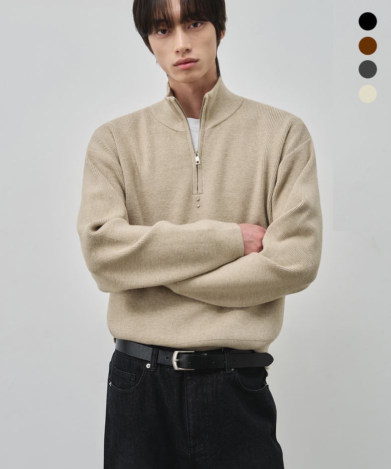 [오정규X알리스] 클래식 하이넥 워셔블 크롭 하프 집업 니트_4COLOR