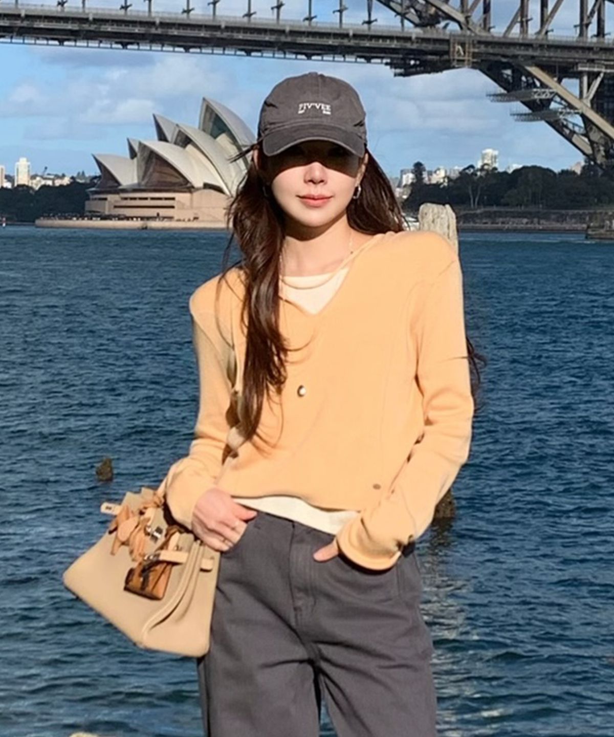 피브비(PIV’VEE) Layered Hooded Knit Top (peach salmon)