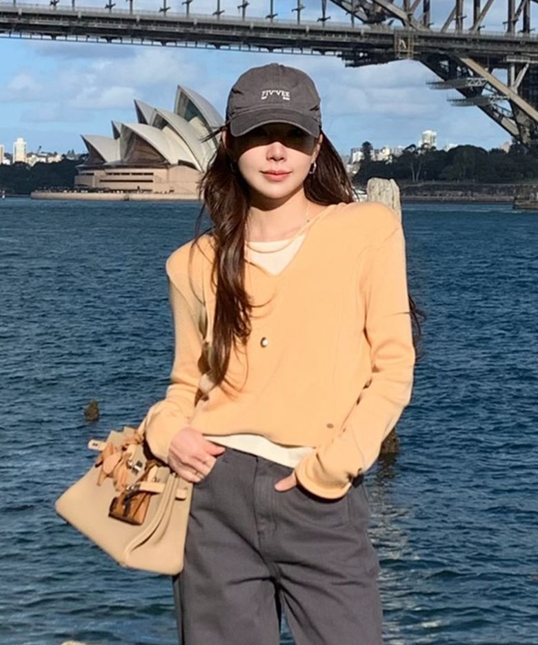 Layered Hooded Knit Top (peach salmon)