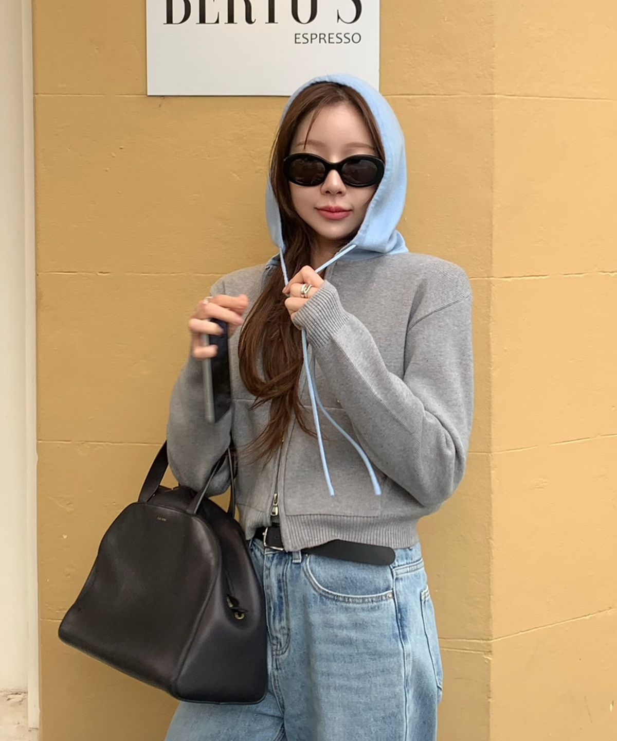 피브비(PIV’VEE) Two-tone Hooded Knit Zip-up Jumper (heather grey)