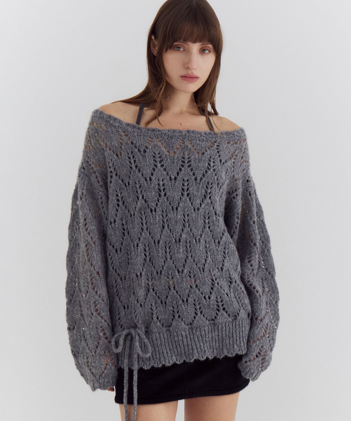 큐리티(CURETTY) C METALLIC POINTELLE OFF-SHOULDER KNIT_GREY