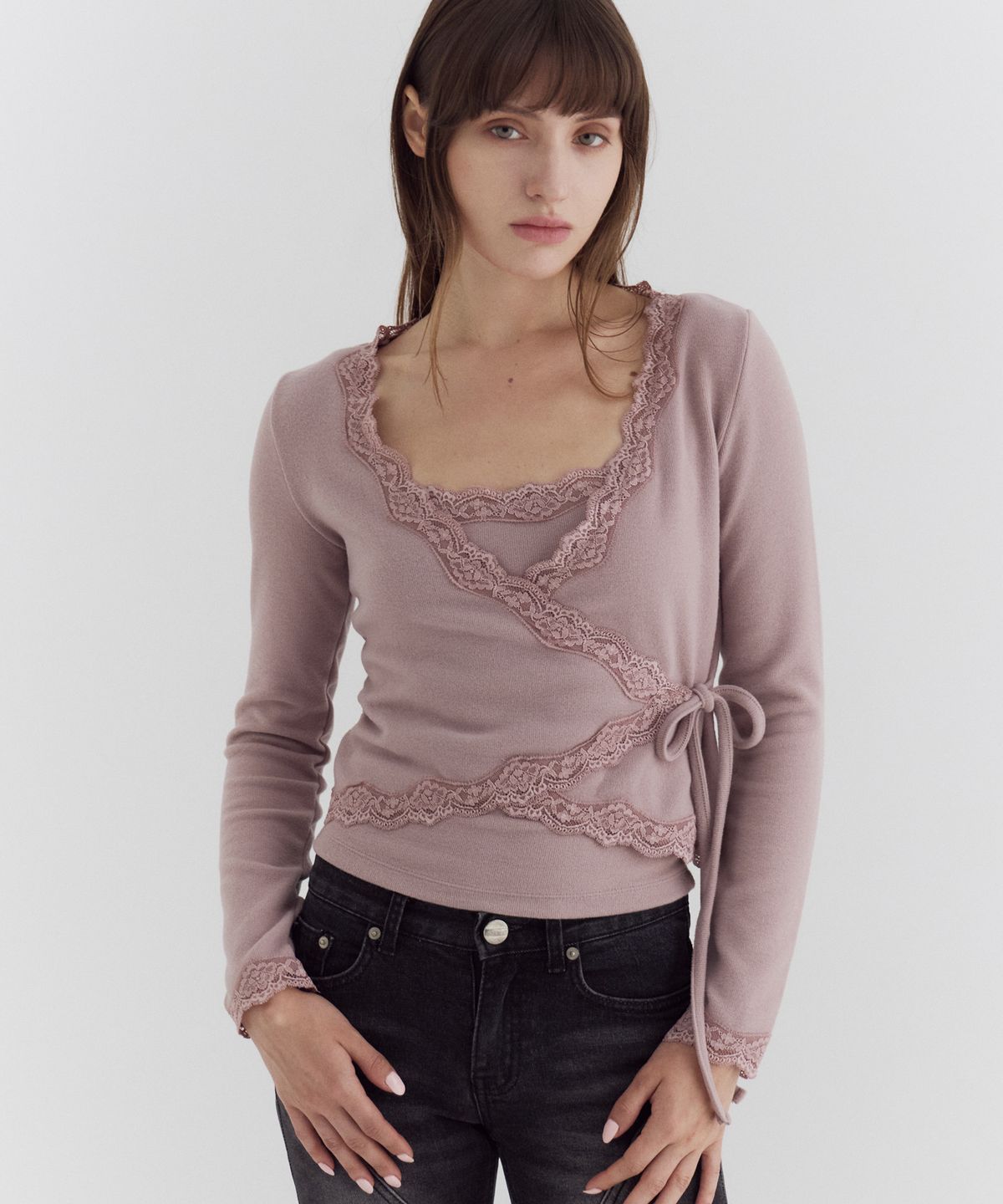 큐리티(CURETTY) C LACE TRIM WRAP CARDIGAN SET_PINK