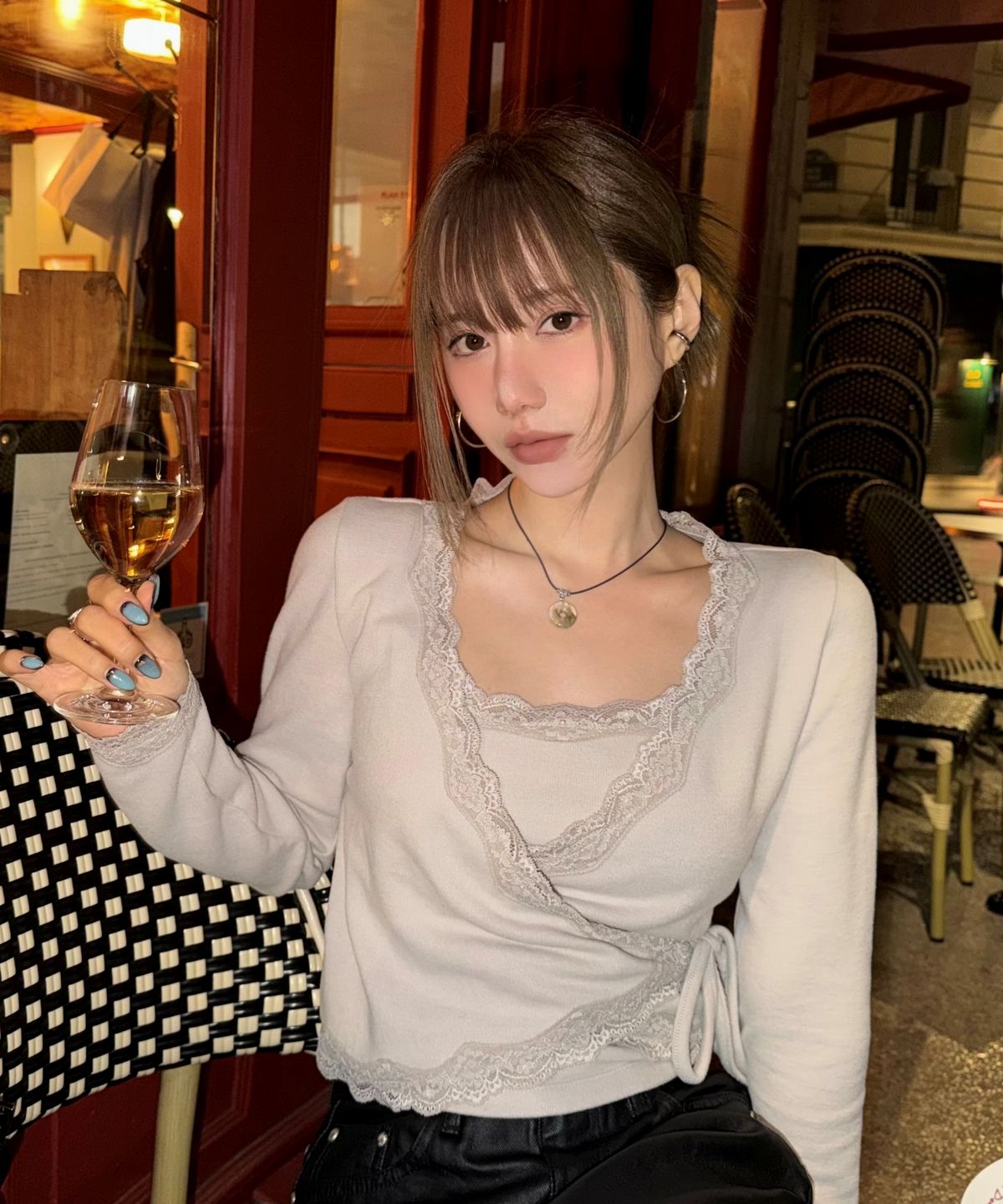 큐리티(CURETTY) C LACE TRIM WRAP CARDIGAN SET_BEIGE