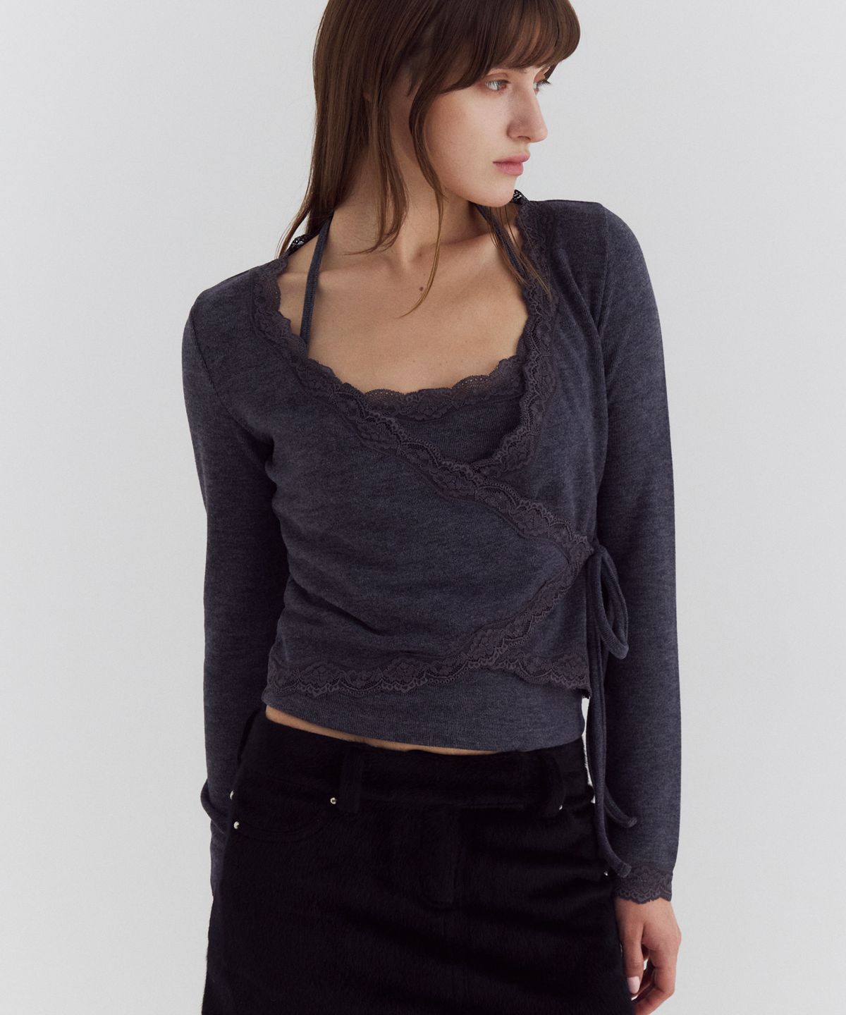 큐리티(CURETTY) C LACE TRIM WRAP CARDIGAN SET_CHARCOAL