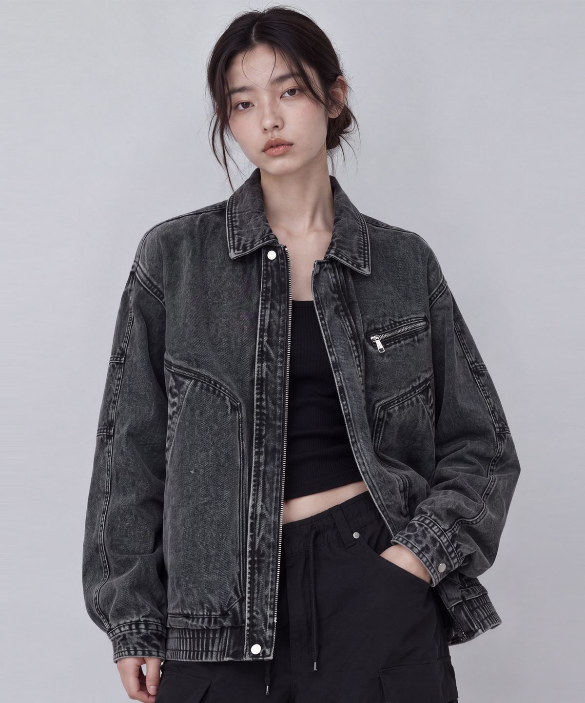 크림소다랩(CREAM SODA LAB) 스탠다드 워시드 카라 트러커 자켓 블랙