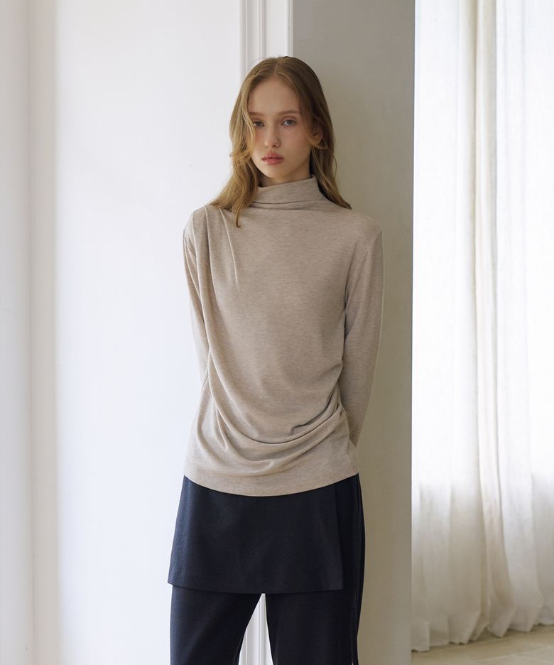 Draped Turtleneck T-Shirt [Beige]