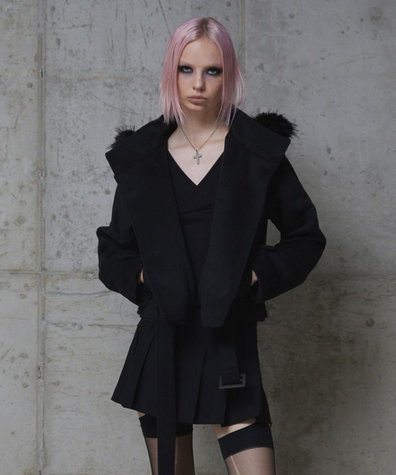 Double Hood Shearling Cropped Coat (BLACK)