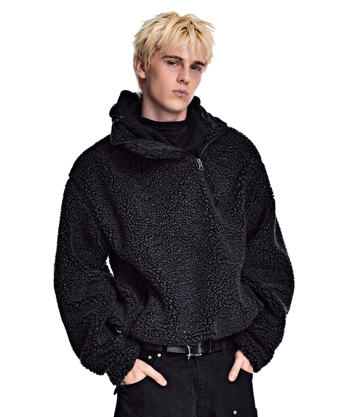 세컨모놀로그(SECONDMONO) Washed Sherpa Balaclava Half Zip [CHARCOAL]_SETS067CHARCOAL