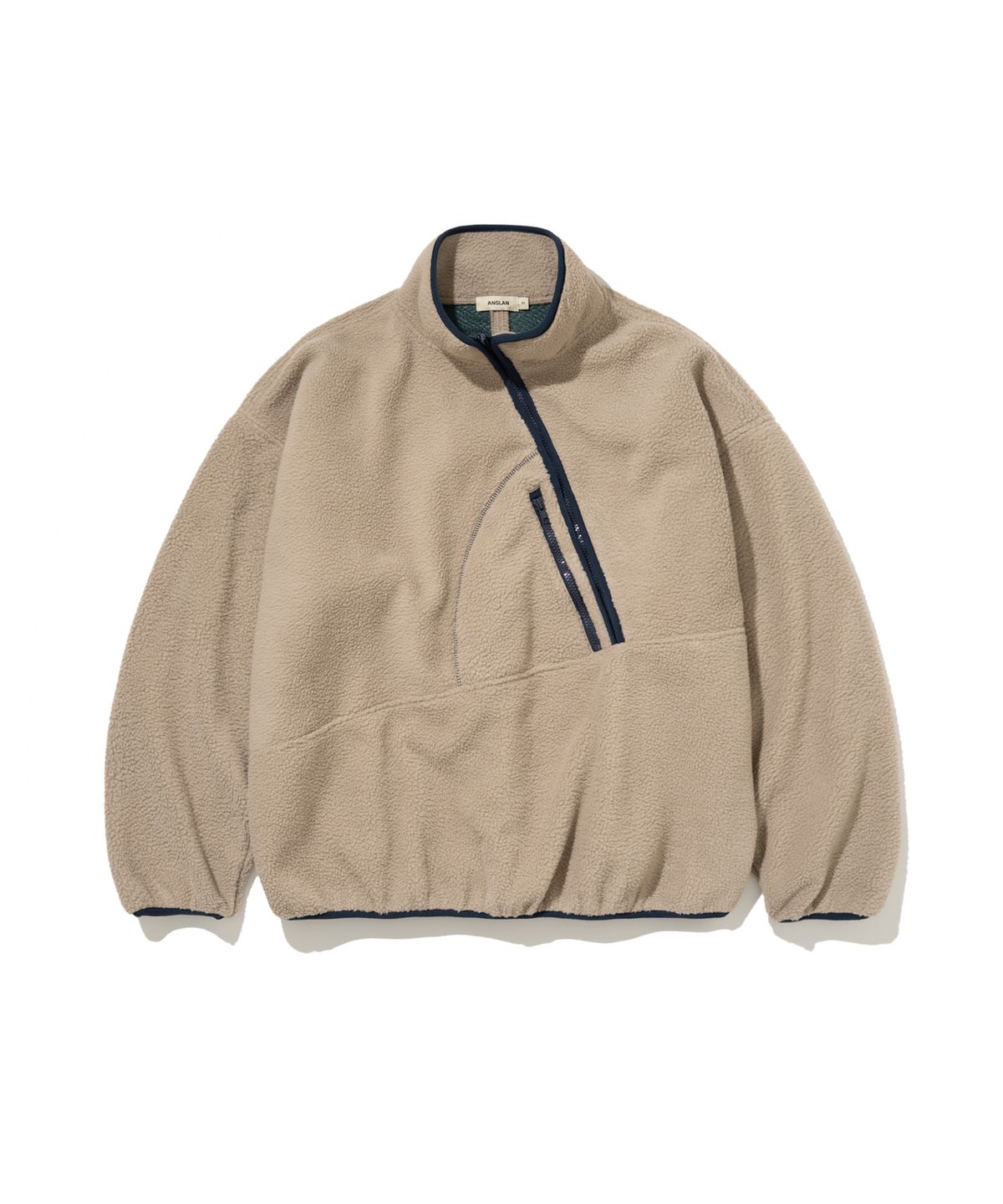 앵글런(ANGLAN) Diagonal Line Fleece Pullover - Beige