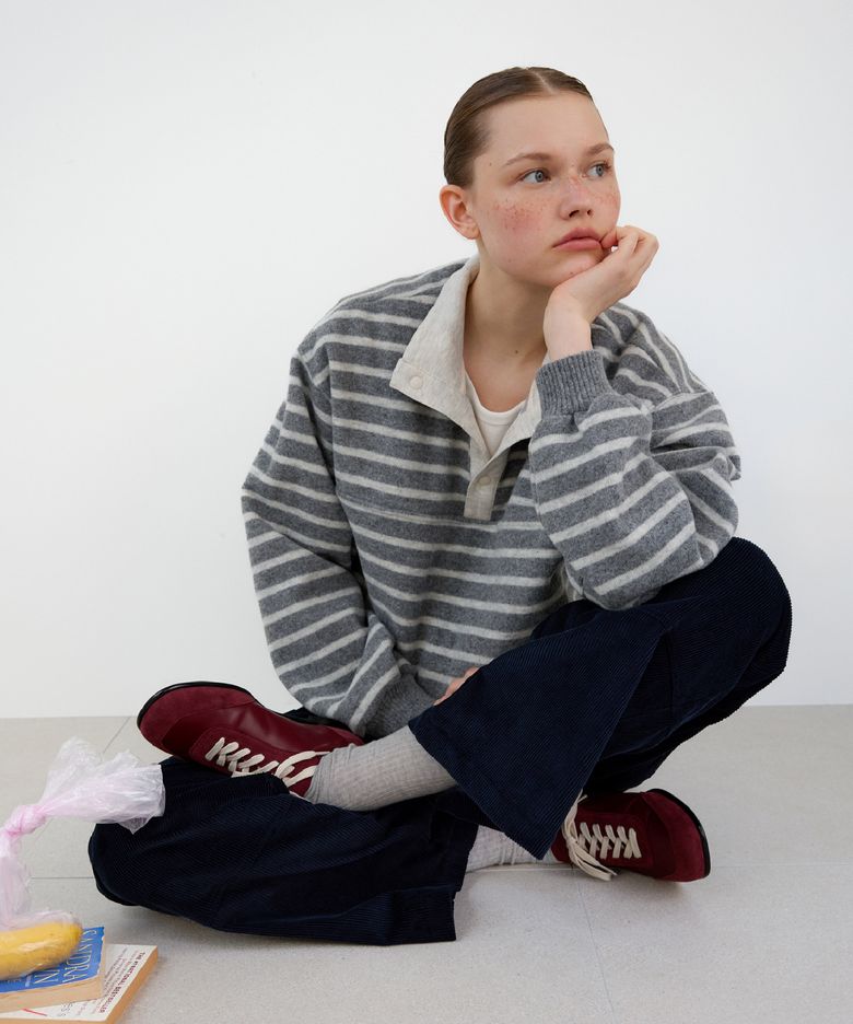 Striped Wool Half-Snap Sweatshirt (Gray)
