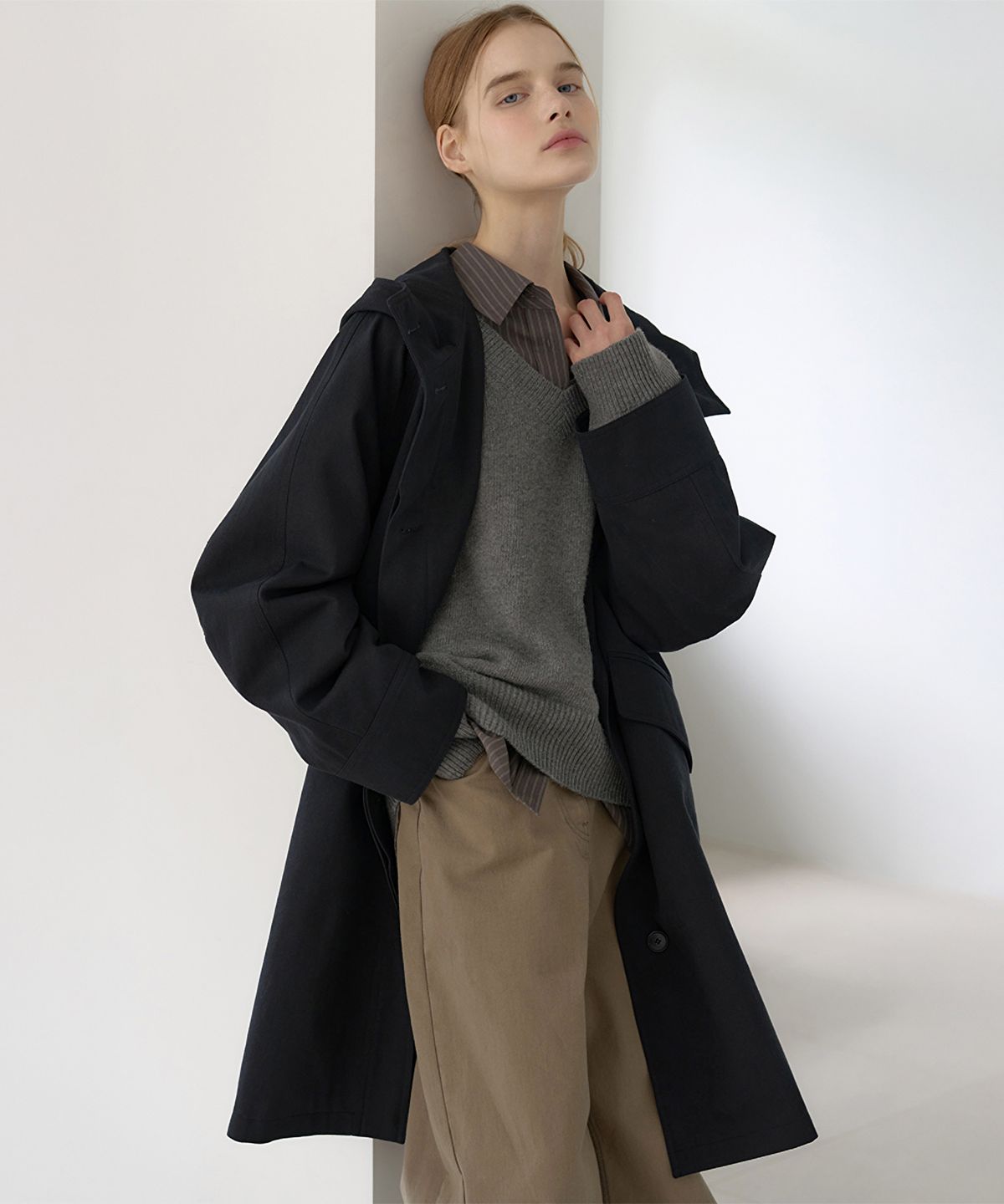 닐바이피(NILBY P) Hooded A-line half field coat Black [N6ACT01]