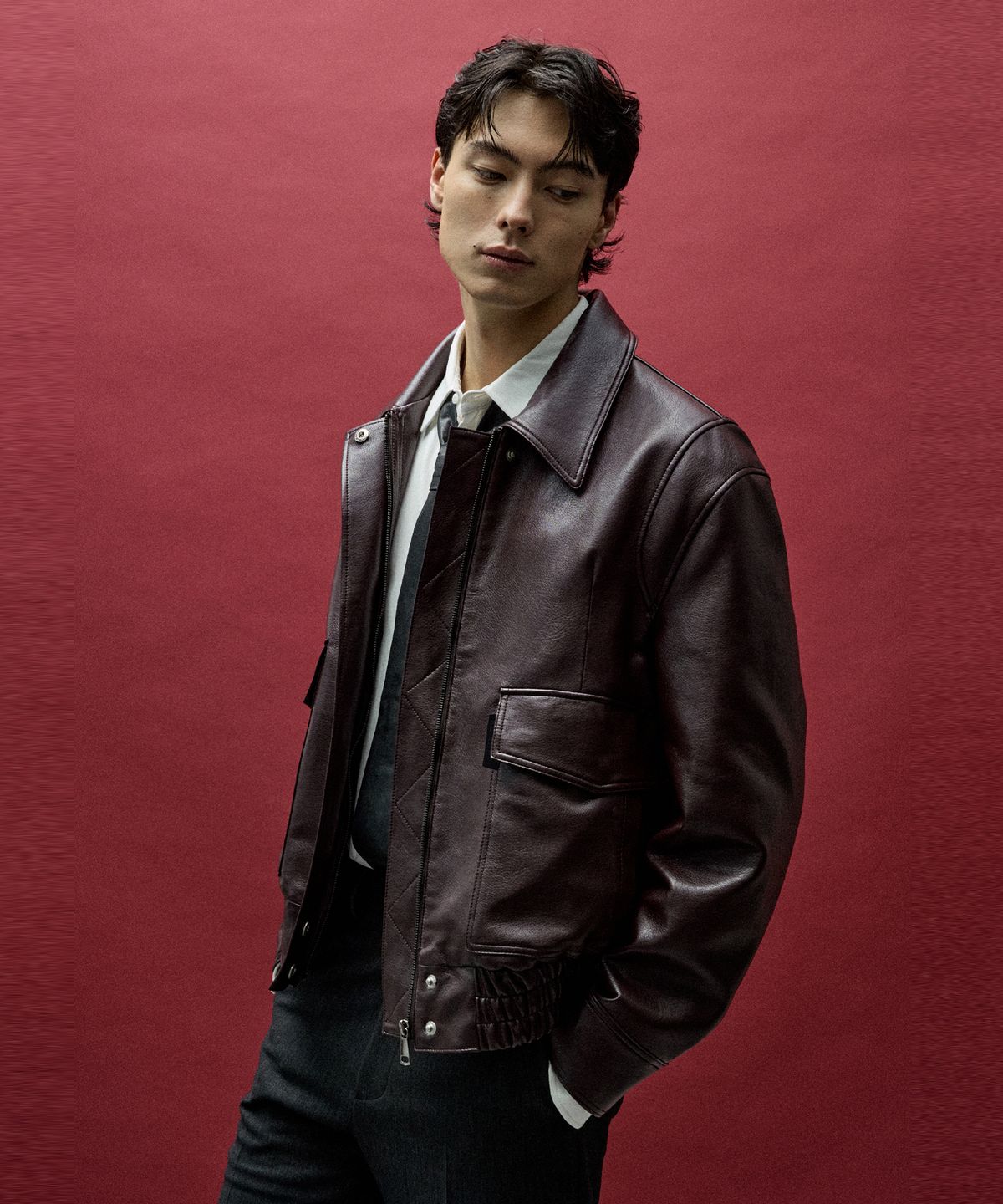 리이 맨(RERHEE MEN) FAUX LEATHER BLOUSON JACKET WINE
