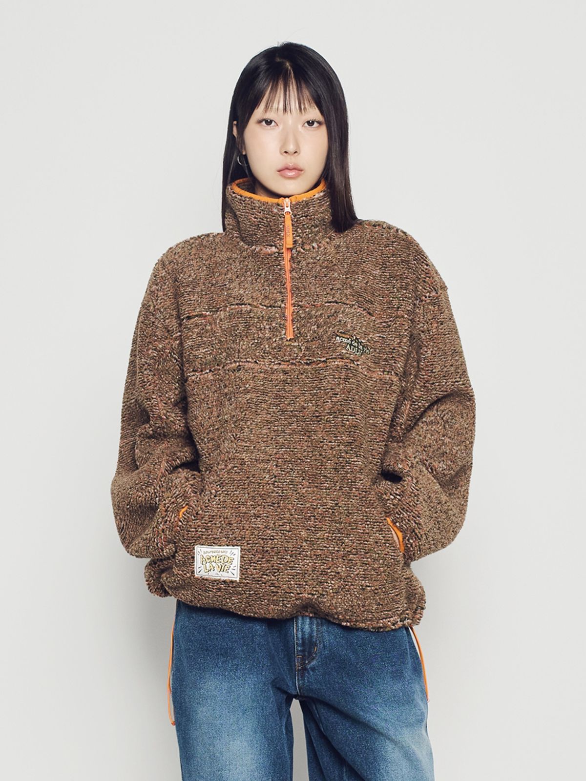 아크메드라비(ACME DE LA VIE) 3-TONE FLEECE STAND COLLAR HALF ZIP UP [ORANGE]
