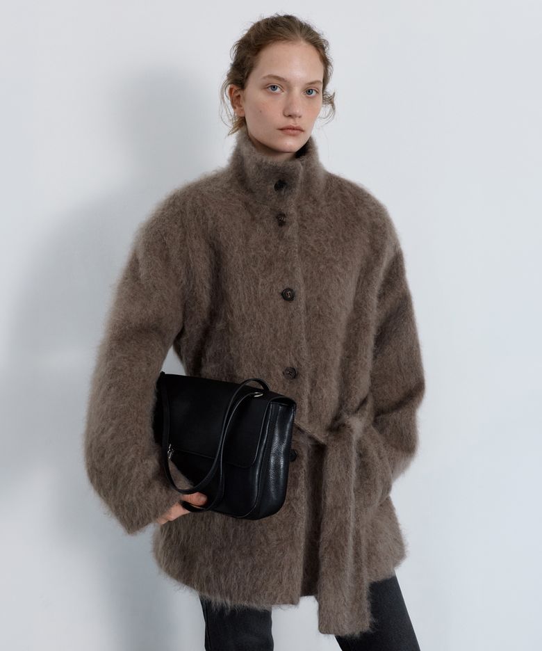 Cashmere high neck belted half coat