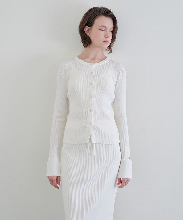 리브드 라운드 버튼 가디건 셋업 ivory