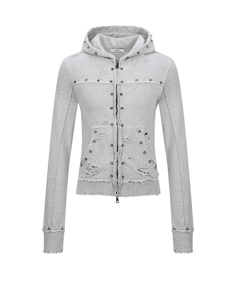 Destroyed Spike Zip-Up Hoodie_[M.Gray]