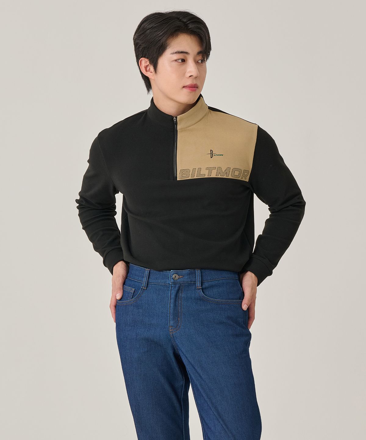빌트모아(BILTMORE) 남성 가슴 절개 하프집업 마이크로 플리스 후리스 티셔츠
