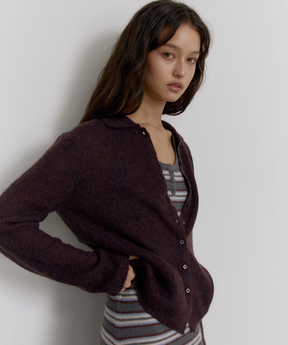 닌닛(NINNIT) Alpaca mohair collared cardigan (WINE)