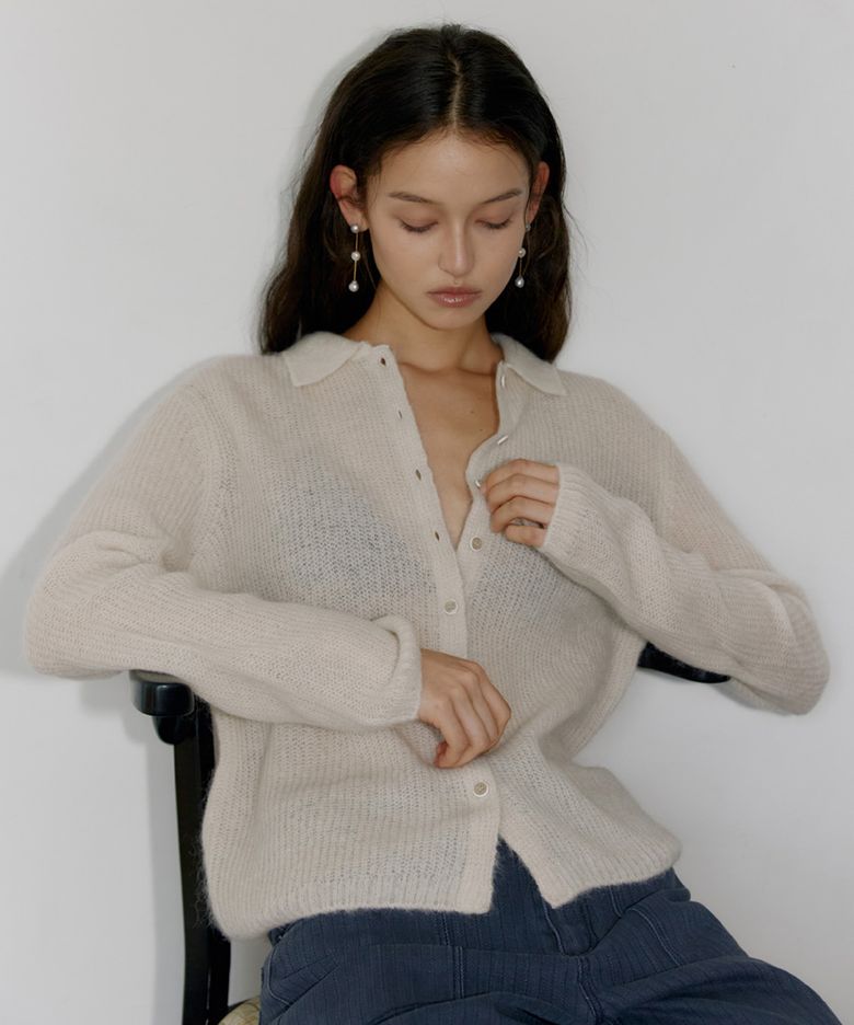 Alpaca mohair collared cardigan (LIGHT BEIGE)