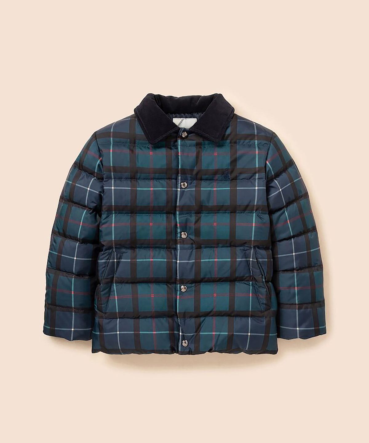 빈폴 키즈(BEANPOLE KIDS) 헤릿체크 포인트 한줌 칼라넥 경량 덕다운 숏패딩  네이비 (BI6938U13R)