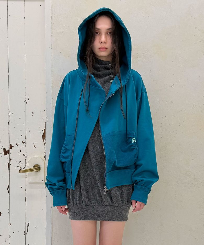 RAW EDGE ASYM HOODED JACKET / teal
