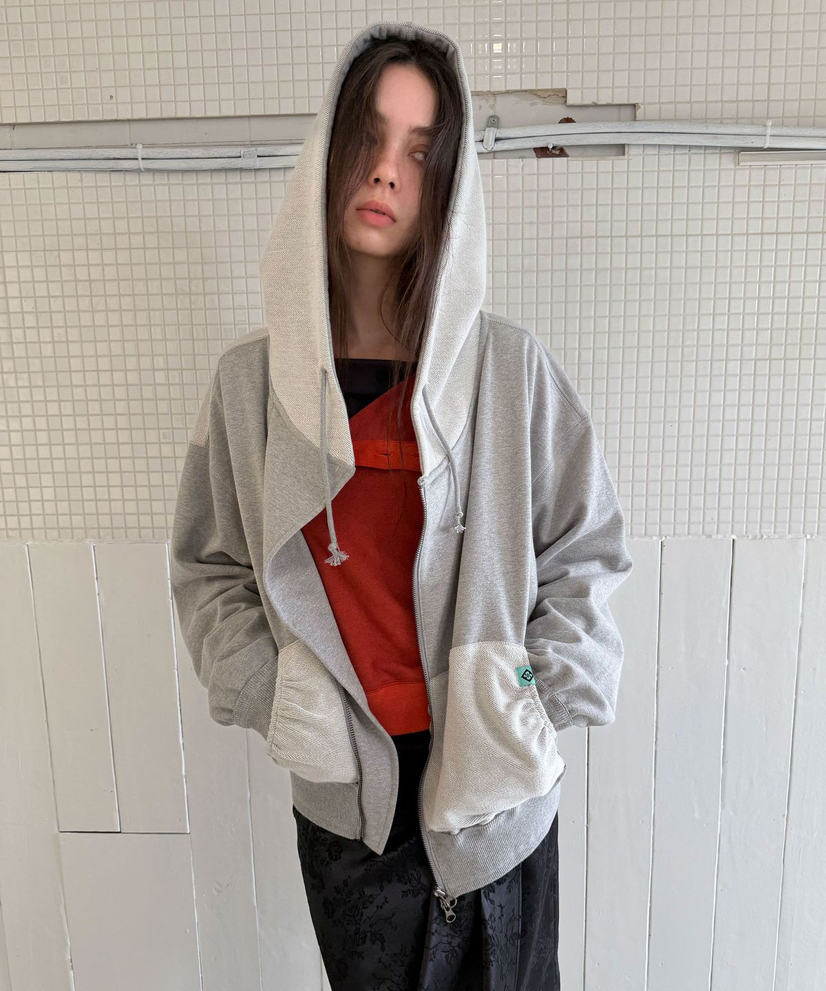 헤레틱(HERETIC) RAW EDGE ASYM HOODED JACKET / melange grey