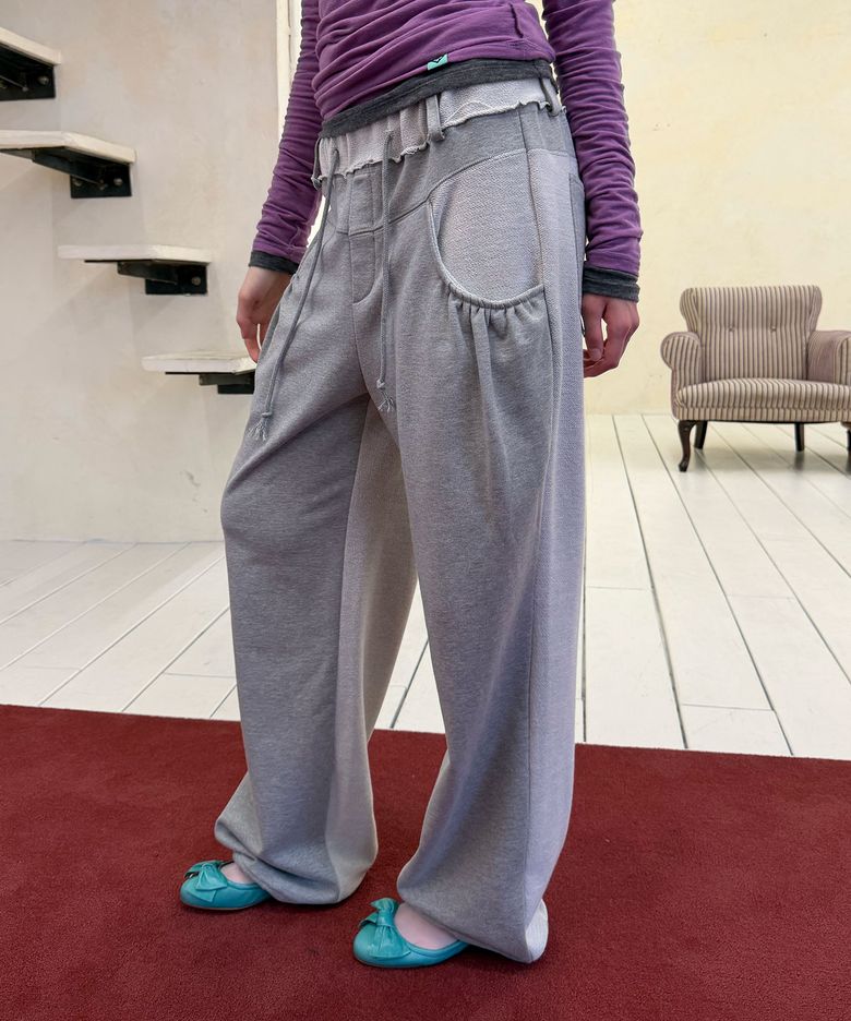 RAW EDGE RUCHED SWEAT PANTS / melange grey