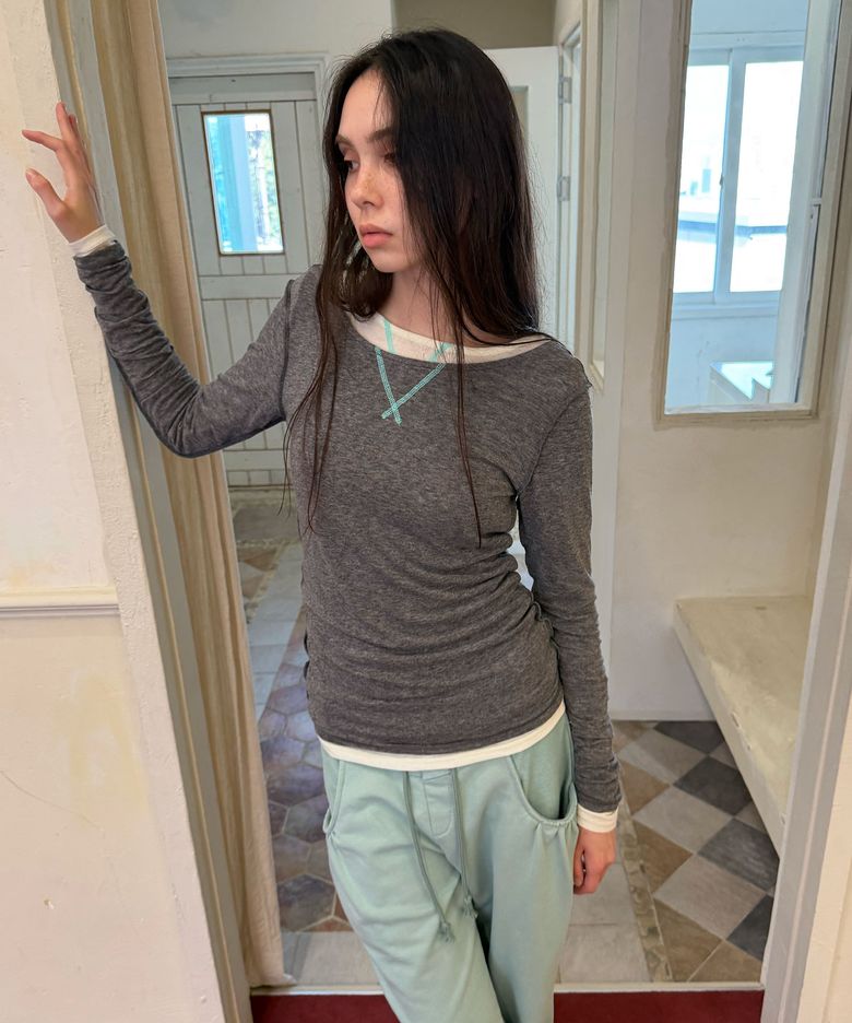 WOOL 2-WAY DRAPED T-SHIRT / charcoal