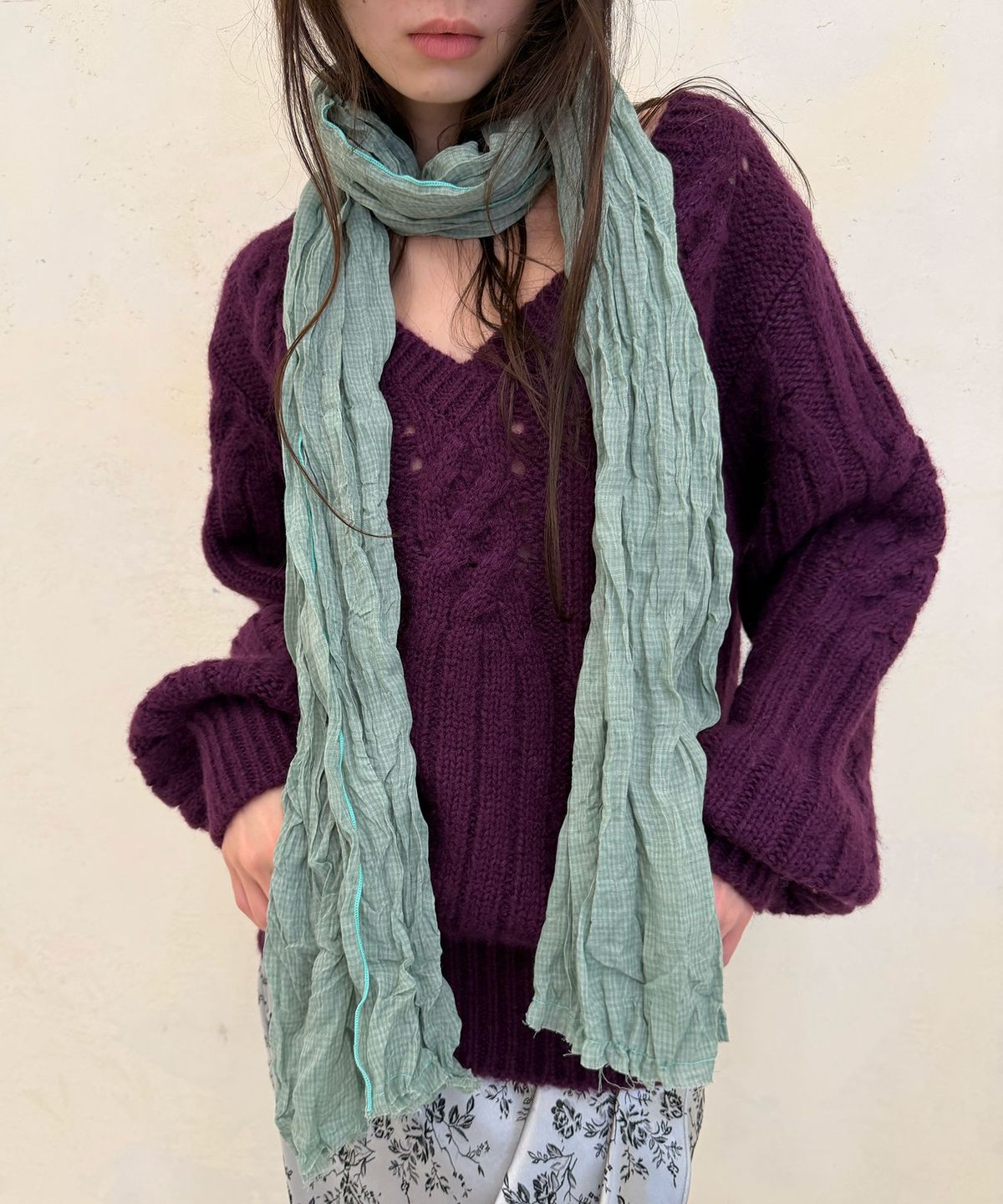 헤레틱(HERETIC) MINT EDGE CHECK CRINKLE LONG SCARF / green