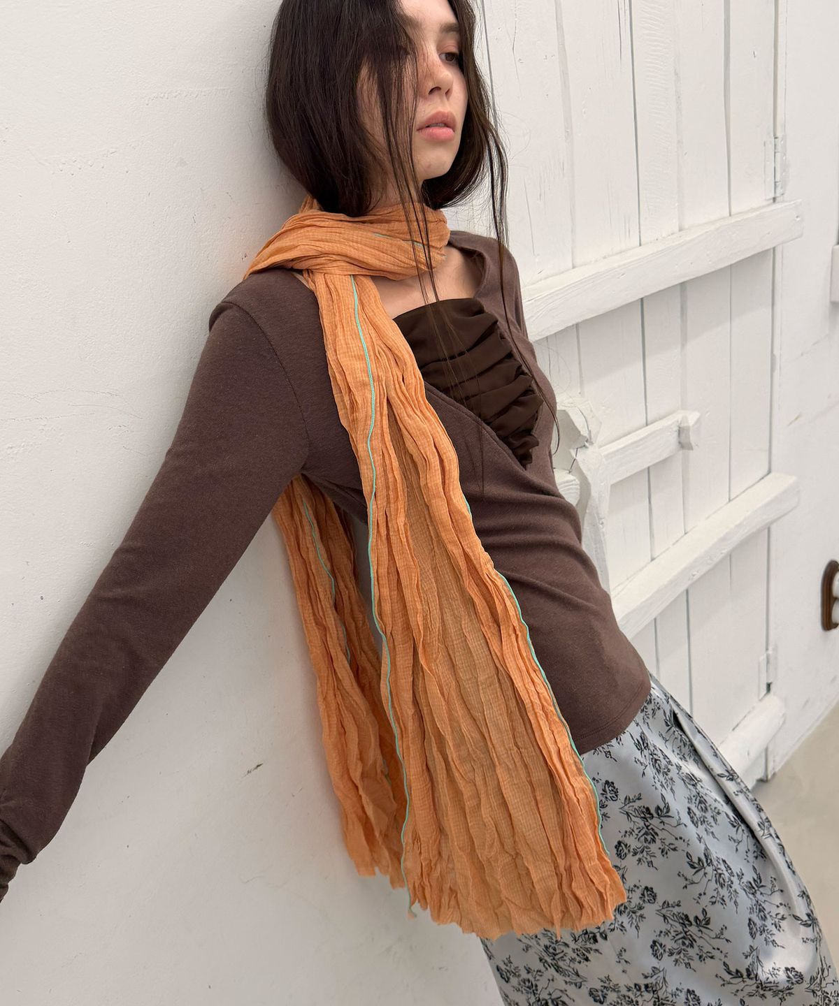헤레틱(HERETIC) MINT EDGE CHECK CRINKLE LONG SCARF / orange