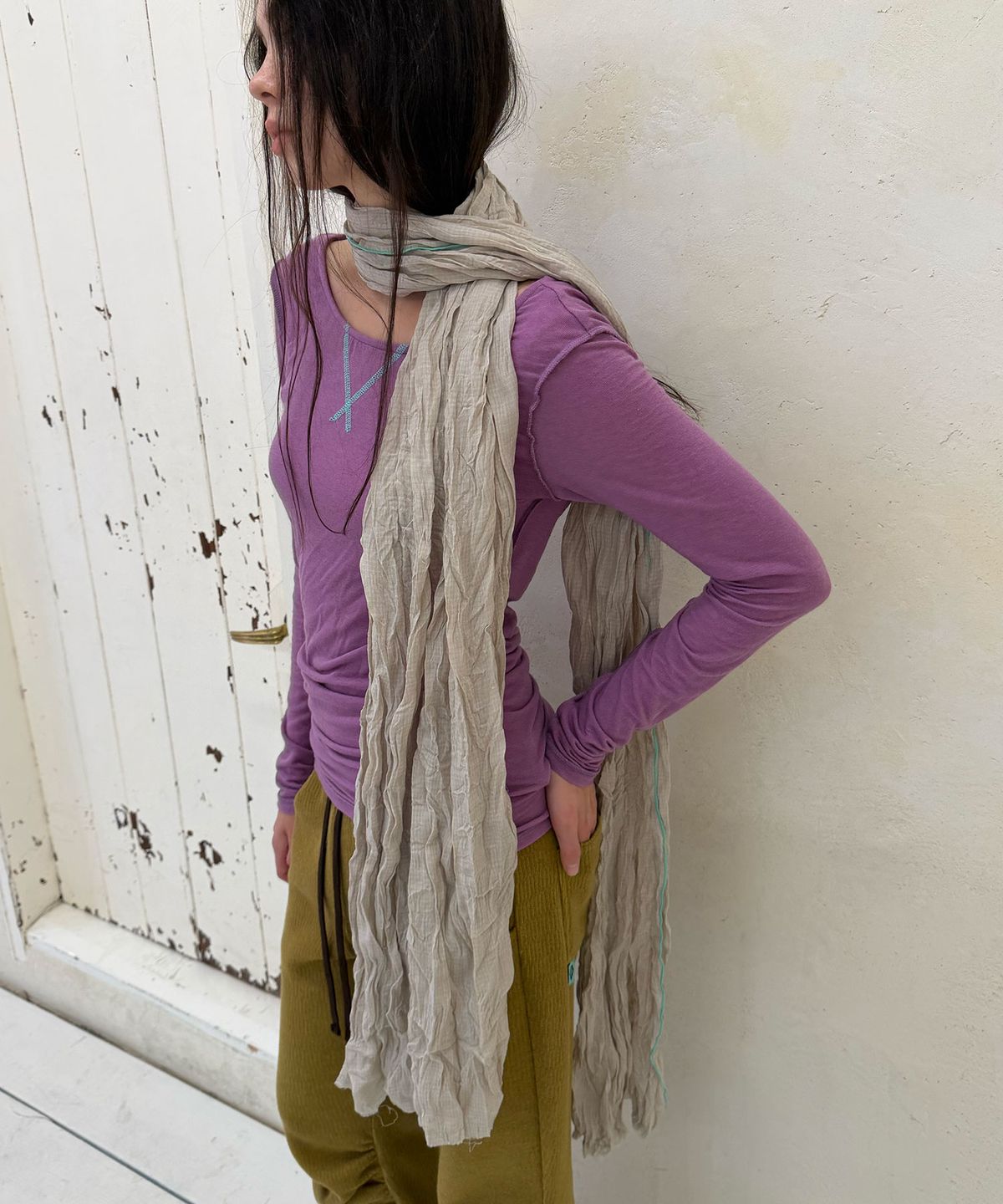 헤레틱(HERETIC) MINT EDGE CHECK CRINKLE LONG SCARF / beige