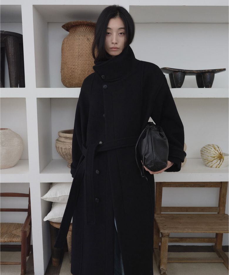 하이넥 울 싱글 롱코트 Black