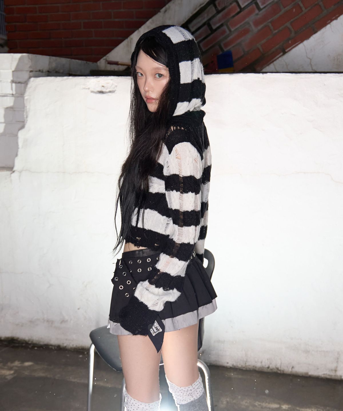 체리퀴리(CHERRYQUIRI) damage knit hoody cd - black stripe
