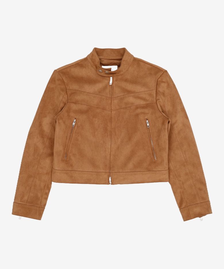 Vegan Leather Suede Racer Jacket in Camel XS