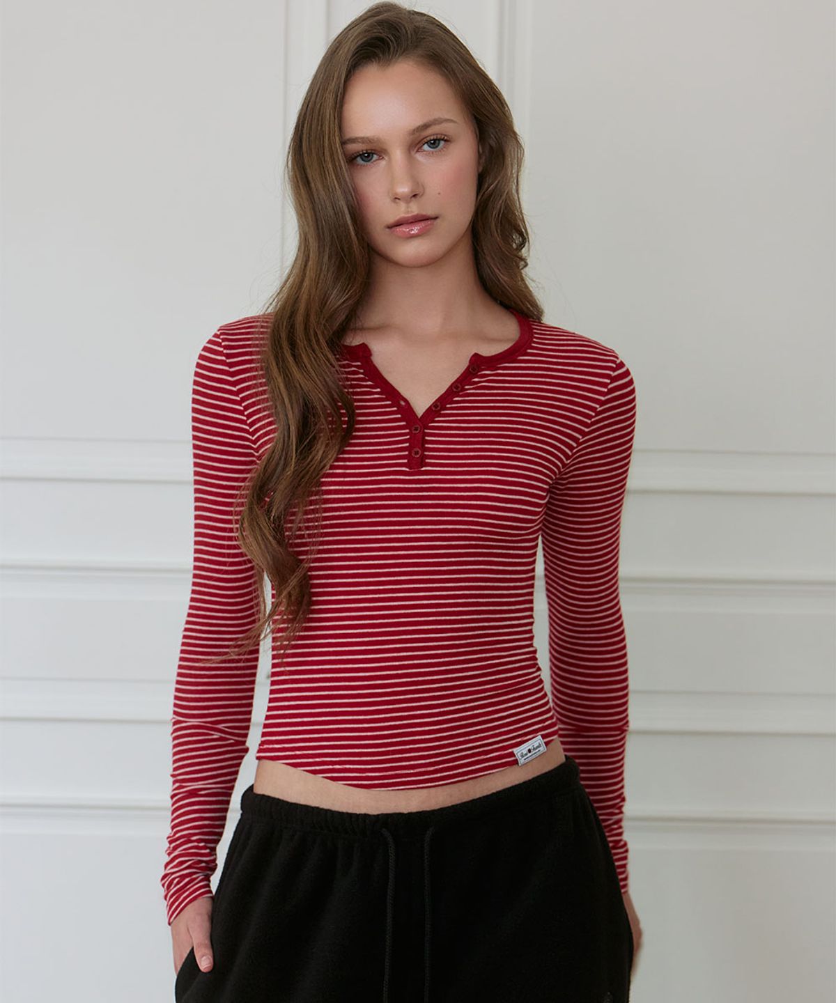 로제프란츠(ROSEFRANTZ) Striped Wool Henley Long Sleeve [Rose Red]