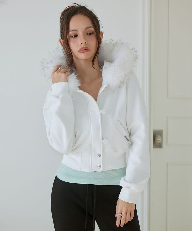 Fur-Trim Slim Hood Zip-Up [Ivory]