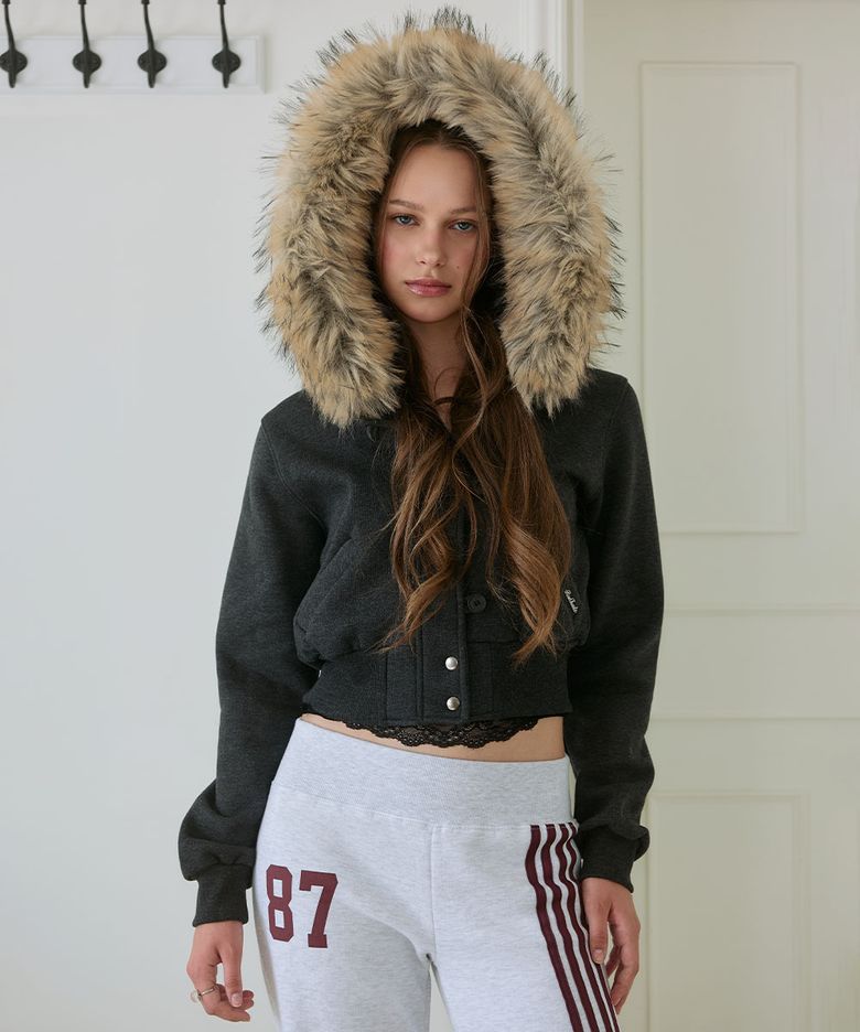 Fur-Trim Slim Hood Zip-Up [Charcoal]