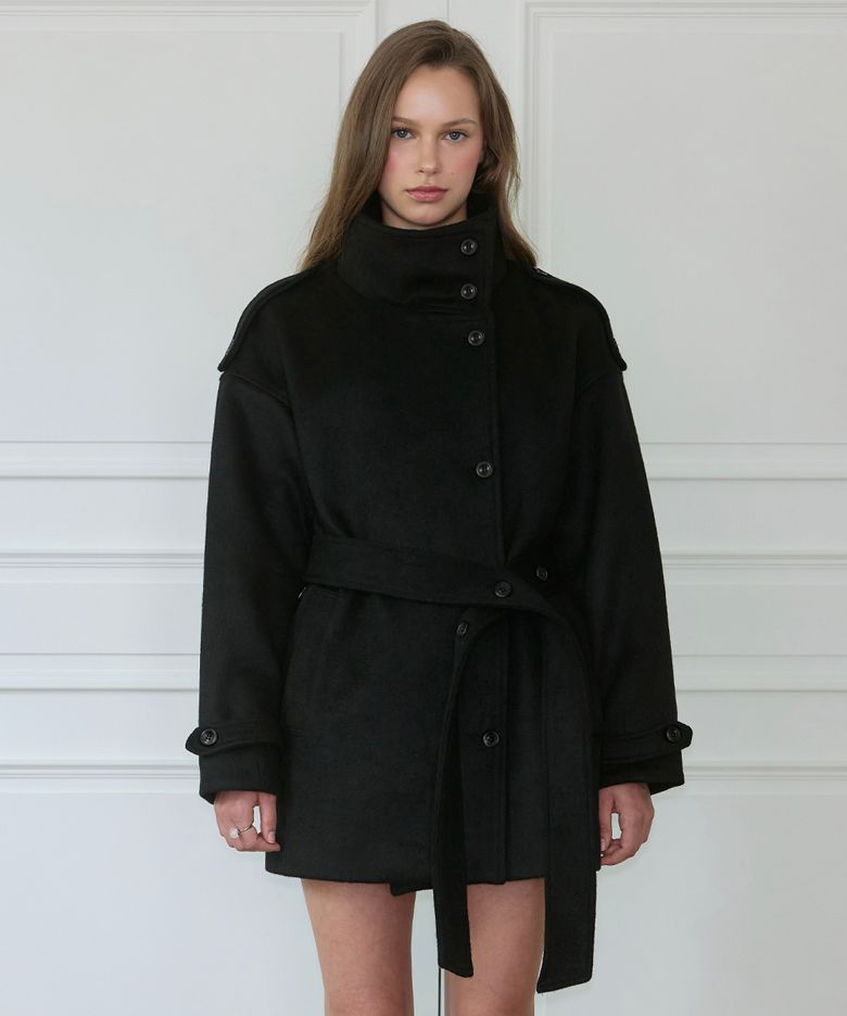Belted Funnel-Neck Wool Half Coat [Black]