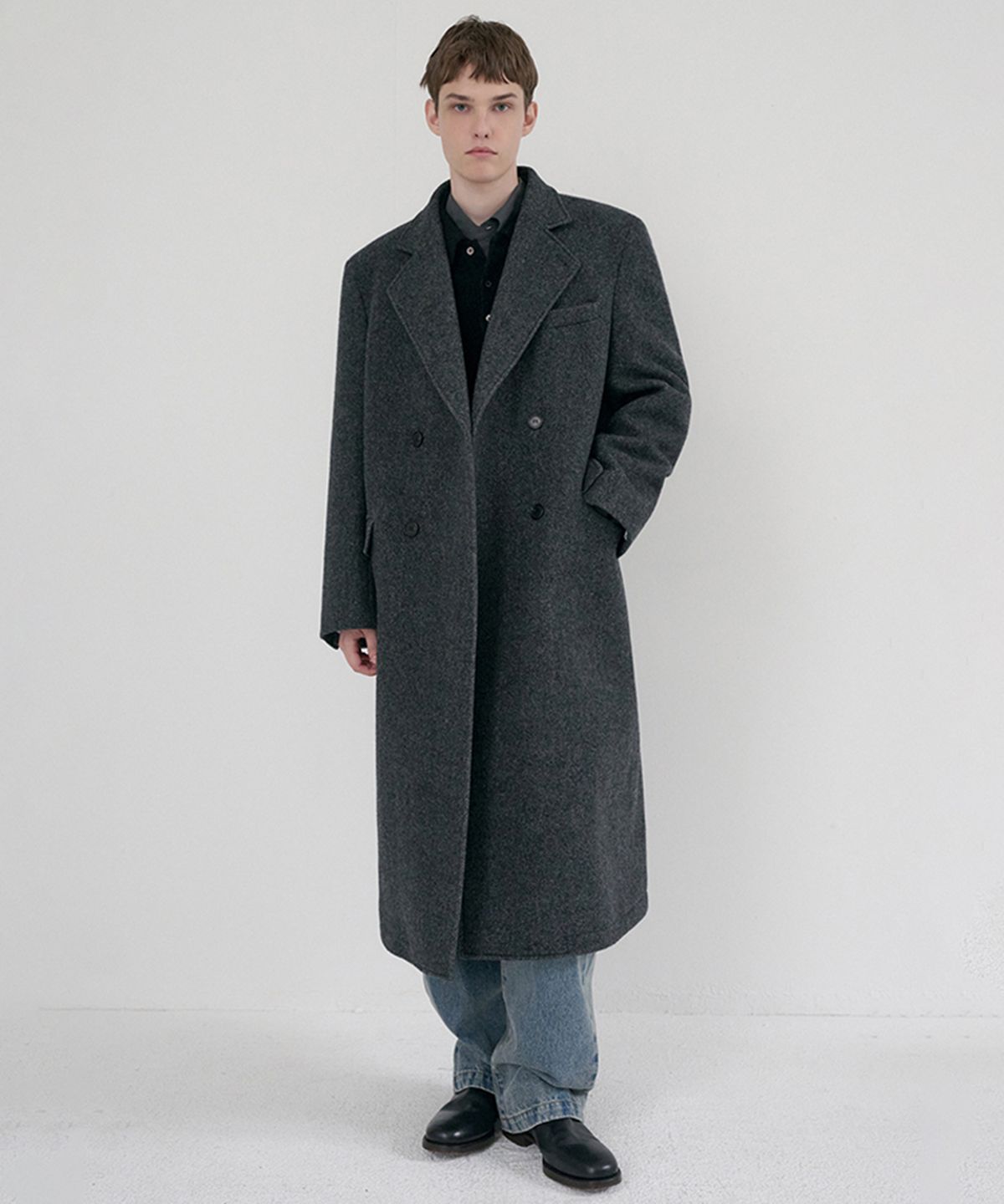 던스트 포 맨(DUNST FOR MEN) UNISEX LOOSE DOUBLE-BREASTED COAT_UDCO6D127_CHARCOAL MELANGE