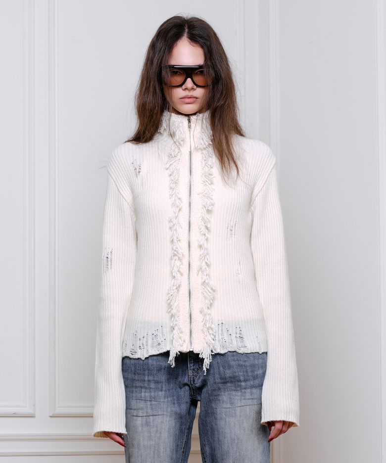 Fringe Ribbed Damage Knit Zip-Up Ivory