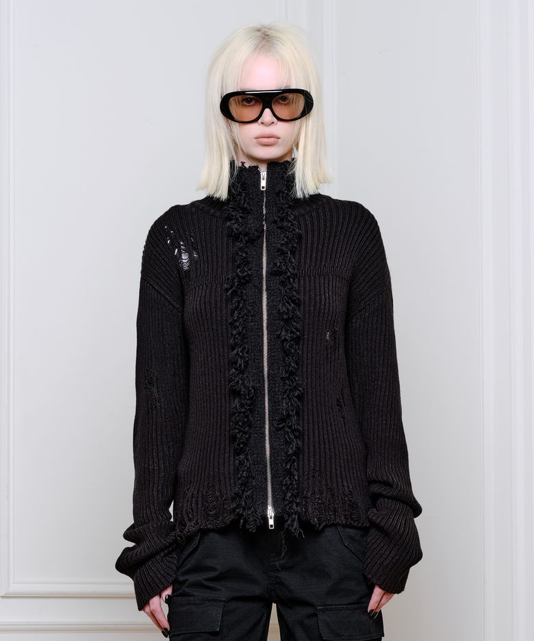 Fringe Ribbed Damage Knit Zip-Up Black