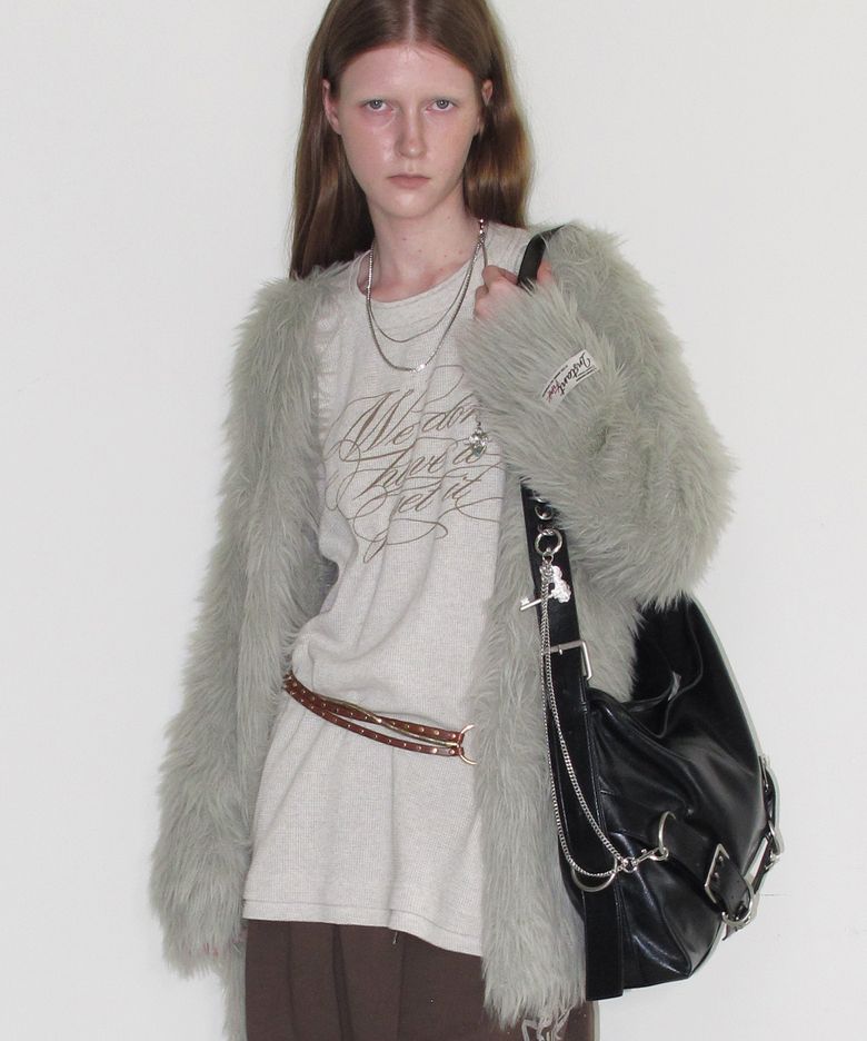 OVERSIZED FEATHER YARN LONG CARDIGAN - GREY
